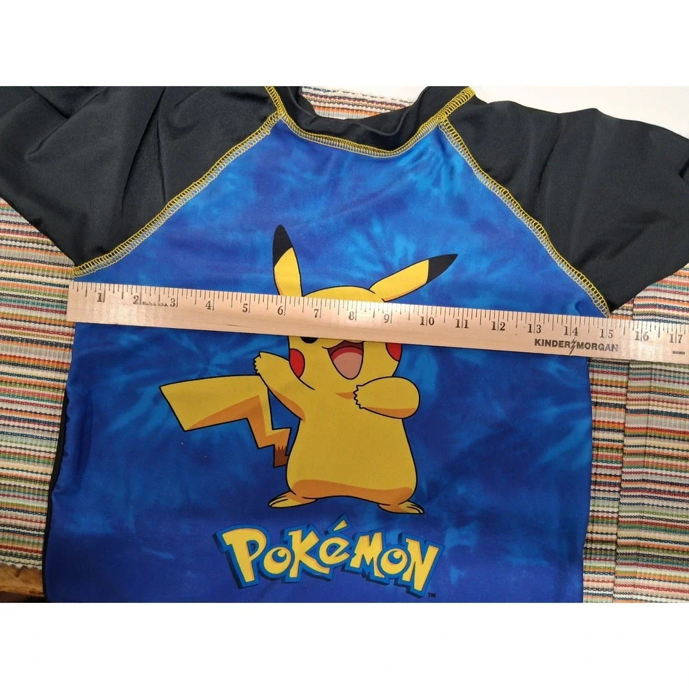 Pokemon Pikachu Boys Swim Shirt Blue Tie Dye Rash Guard Size L Black Raglan